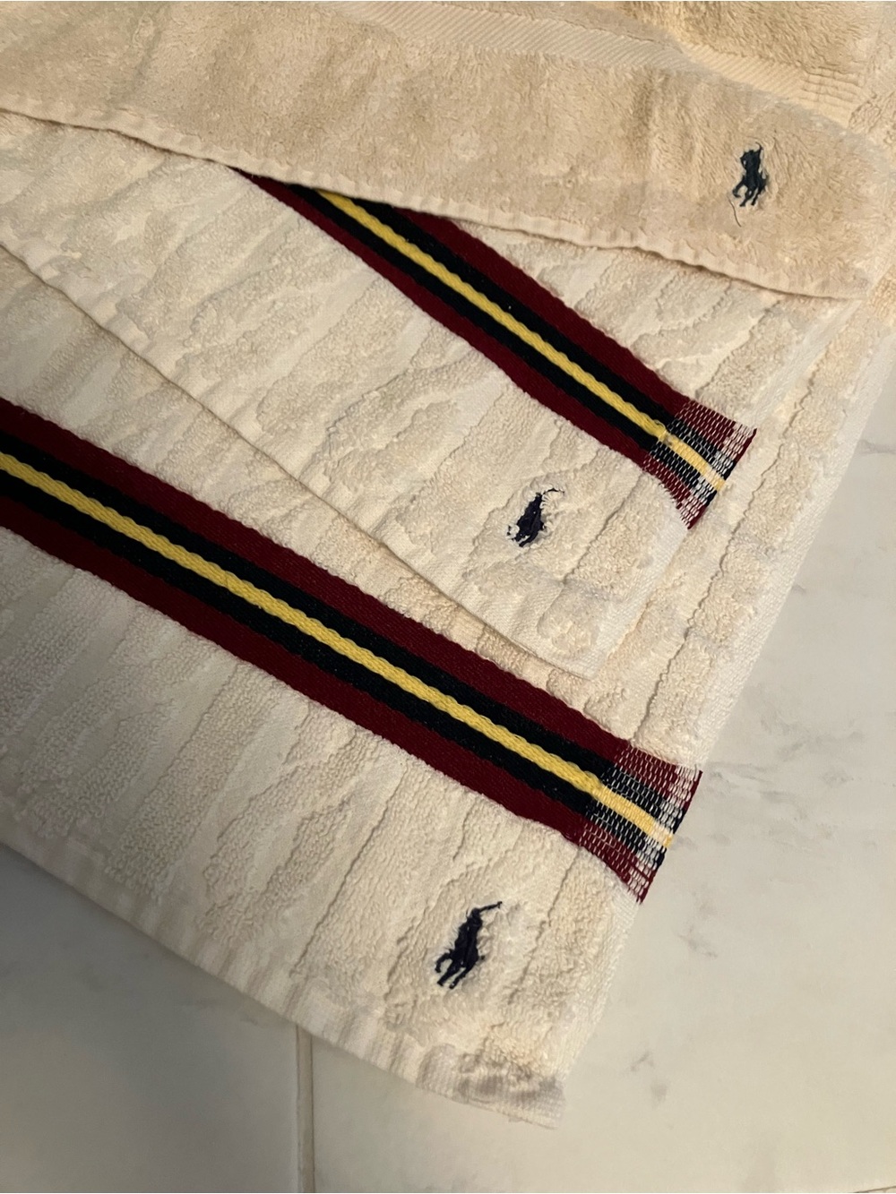 3 Ralph Lauren Cream Bath Towels. Two with Navy Polo & Striped Trim. One plain